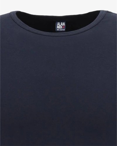 Crew-neck and label detail of the Alan Red Ottawa navy blue stretch T-shirt