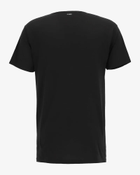 Model wearing the men's black Vermont T-shirt by Alan Red, front view