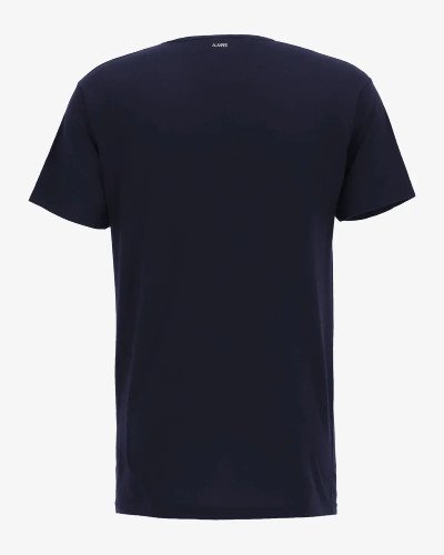 Model wearing the men's navy Vermont T-shirt by Alan Red, back view