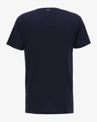 Model wearing the men's navy Vermont T-shirt by Alan Red, back view