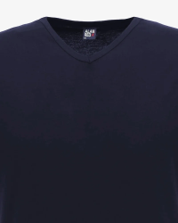 V-neck detail of the navy Vermont T-shirt by Alan Red