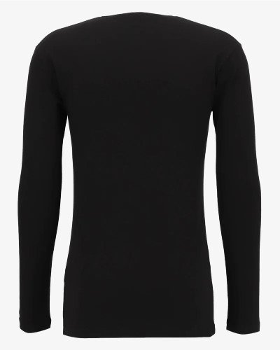 Model wearing a men's black Olbia long-sleeve T-shirt by Alan Red, back view