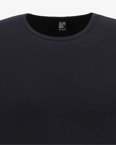 Crew-neck detail of the men's navy Olbia long-sleeve T-shirt by Alan Red