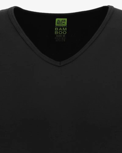 V-neck detail of the men's black Baltimora bamboo T-shirt by Alan Red