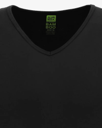 V-neck detail of the men's black Baltimora bamboo T-shirt by Alan Red