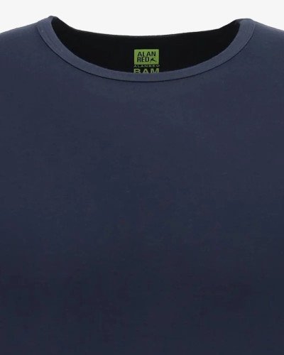 Crew-neck detail of the men's navy Bilbao bamboo T-shirt by Alan Red