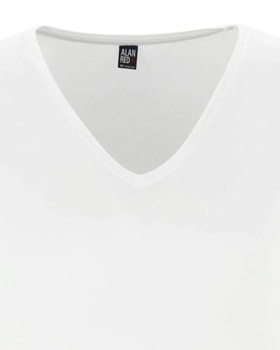 Deep V-neck detail of the men's white NOV T-shirt by Alan Red