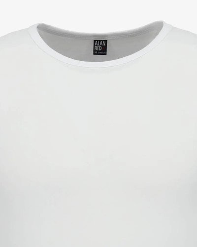 Crew-neck detail of the men's white Orlando sleeveless T-shirt by Alan Red