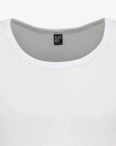 Crew-neck detail of the men's white Oakland tank top by Alan Red