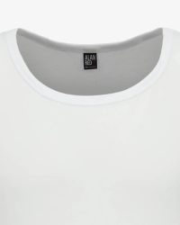 Crew-neck detail of the men's white Oakland tank top by Alan Red