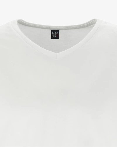 V-neck detail of the men's white West Virginia T-shirt by Alan Red