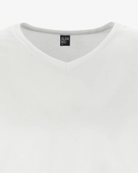 V-neck detail of the men's white West Virginia T-shirt by Alan Red