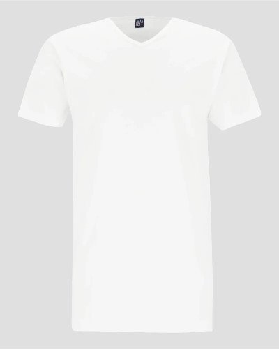 Front view of the Alan Red Vermont Long men's white extra-long V-neck T-shirt