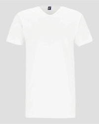 Front view of the Alan Red Vermont Long men's white extra-long V-neck T-shirt