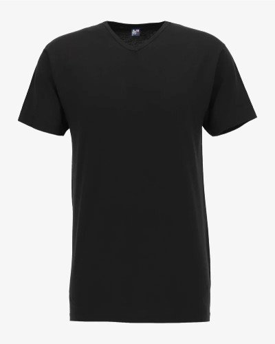 Front view of the Alan Red Vermont Long men's black extra-long V-neck T-shirt