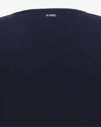 Back logo detail of the Alan Red Vermont Long men's navy extra-long T-shirt