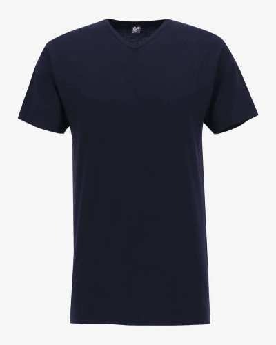 Front view of the Alan Red Vermont Long men's navy extra-long V-neck T-shirt