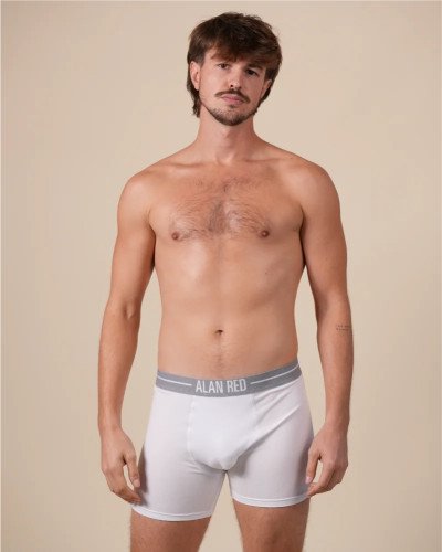 Full-length model wearing the Alan Red Lasting men's white boxer briefs