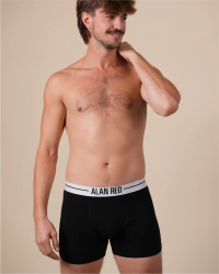 ull-length model wearing the Alan Red Lasting men's black boxer briefs