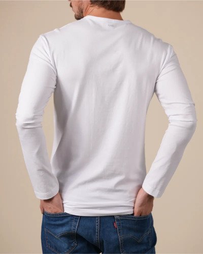 Back view of the Alan Red Olbia men's white long-sleeve T-shirt