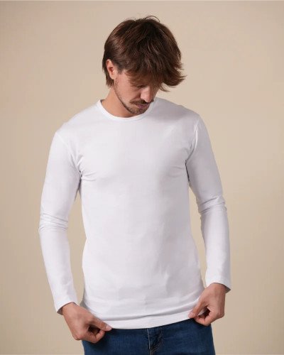 Front view of the Alan Red Olbia men's white long-sleeve T-shirt