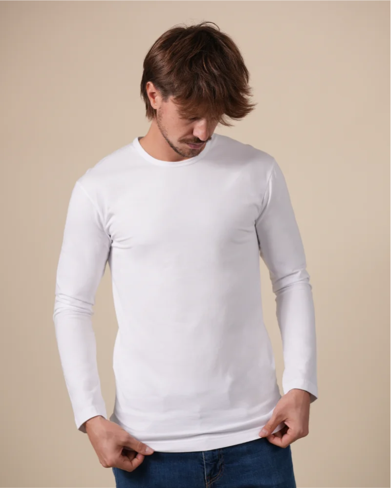 Front view of the Alan Red Olbia men's white long-sleeve T-shirt