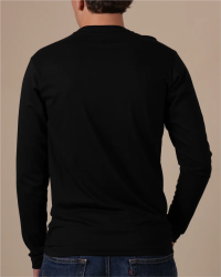 Back view of the Alan Red Virginia Sleeve men's black long-sleeve T-shirt worn by a model