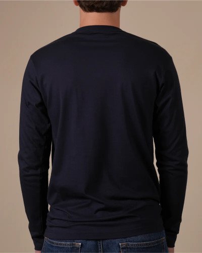 Back view of the Alan Red Virginia Sleeve men's navy long-sleeve T-shirt worn by a model