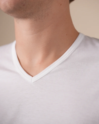 Deep V-neck detail of the Alan Red Dean white men's T-shirt