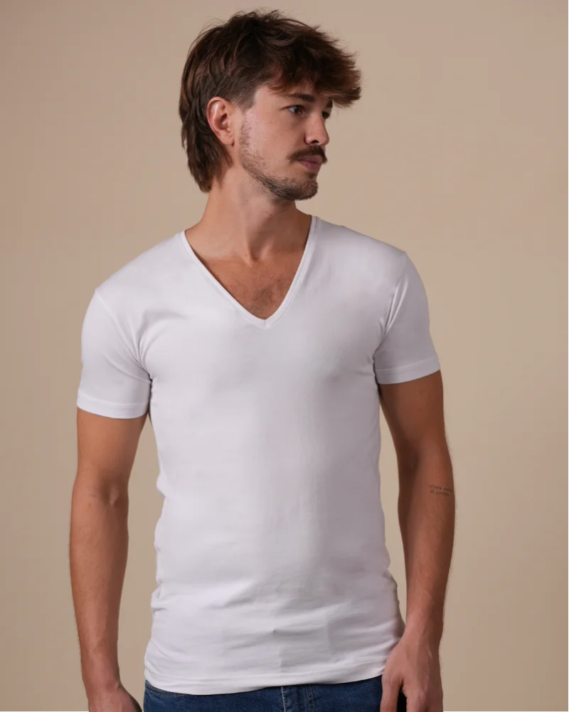 Alan Red NOV white men's deep V-neck T-shirt, front view