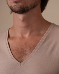 Deep V-neck detail of the Alan Red NOV skin-tone men's T-shirt