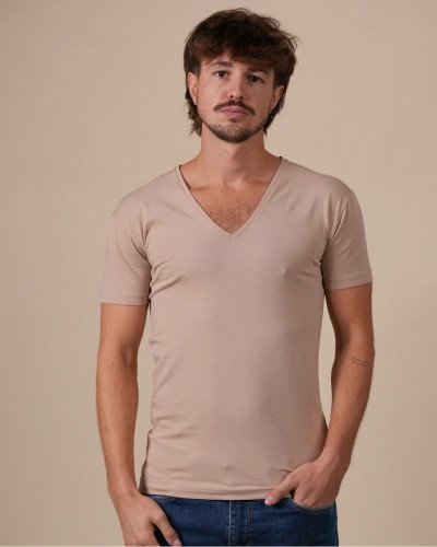 Alan Red NOV skin-tone men's deep V-neck T-shirt, front view