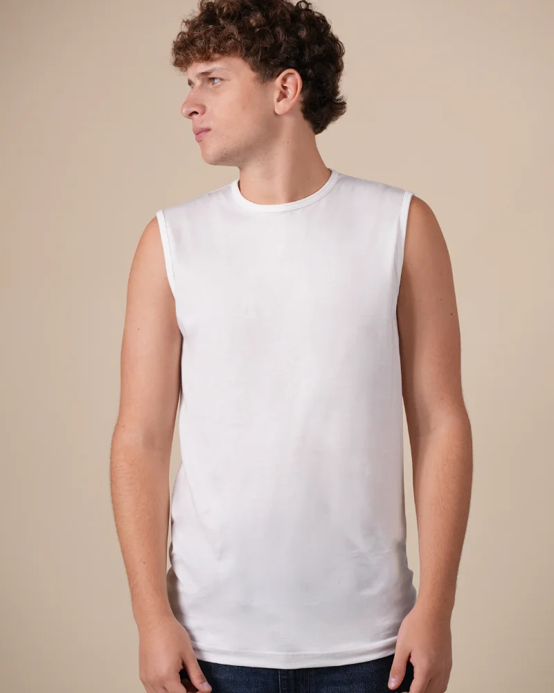 Alan Red Montana white men's tank top worn, front view