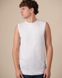 Alan Red Montana white men's tank top worn, front view