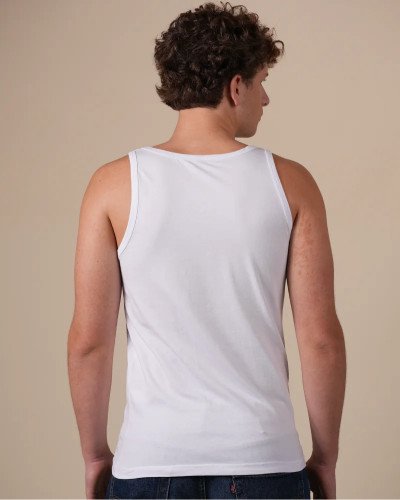 Alan Red Oakland white men's tank top worn, back view