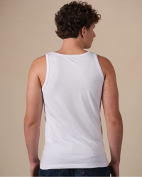 Alan Red Oakland white men's tank top worn, back view