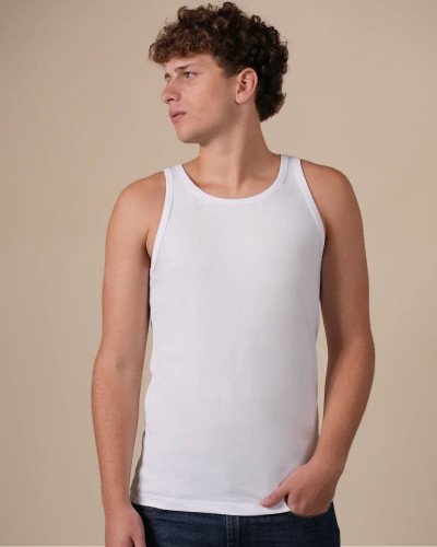 Alan Red Oakland white men's tank top worn, front view