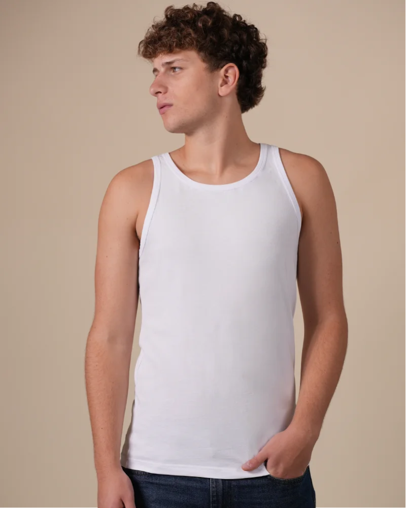 Alan Red Oakland white men's tank top worn, front view