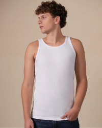 Alan Red Oakland white men's tank top worn, front view