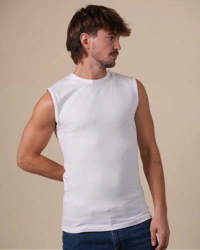 Alan Red Orlando white men's tank top worn, front view