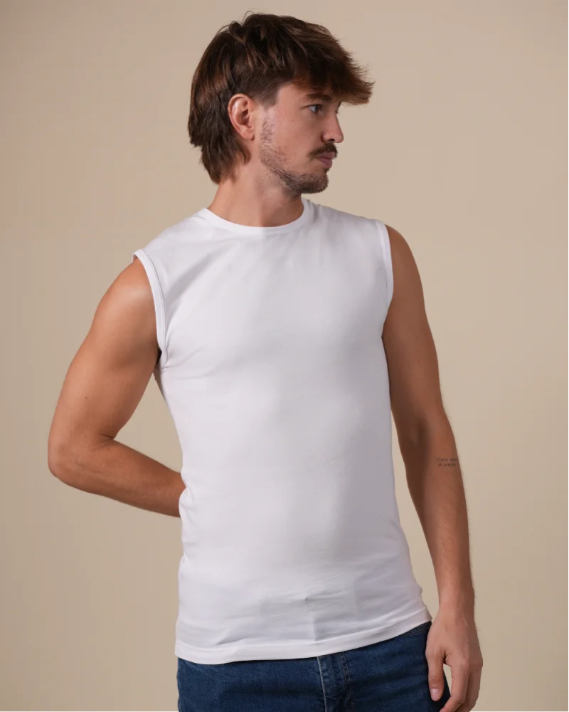 Alan Red Orlando white men's tank top worn, front view