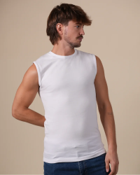 Alan Red Orlando white men's tank top worn, front view