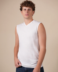Alan Red Minto white men's V-neck tank top, front view
