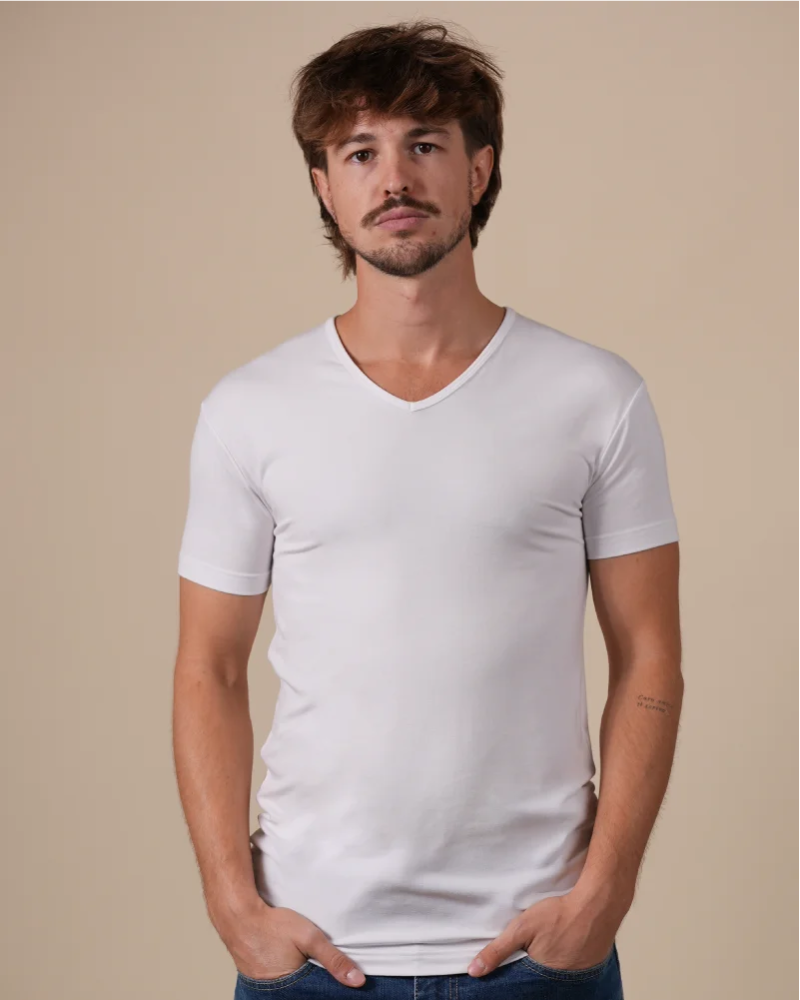 Alan Red Baltimora men's white short-sleeve V-neck T-shirt, front view worn by model.