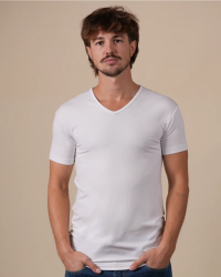Alan Red Baltimora men's white short-sleeve V-neck T-shirt, front view worn by model.