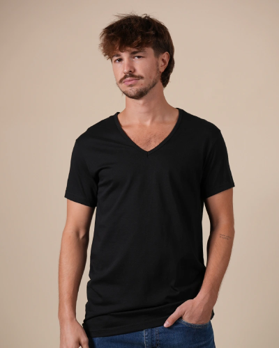 Alan Red Dean men's black short-sleeve V-neck T-shirt, front view worn by model.