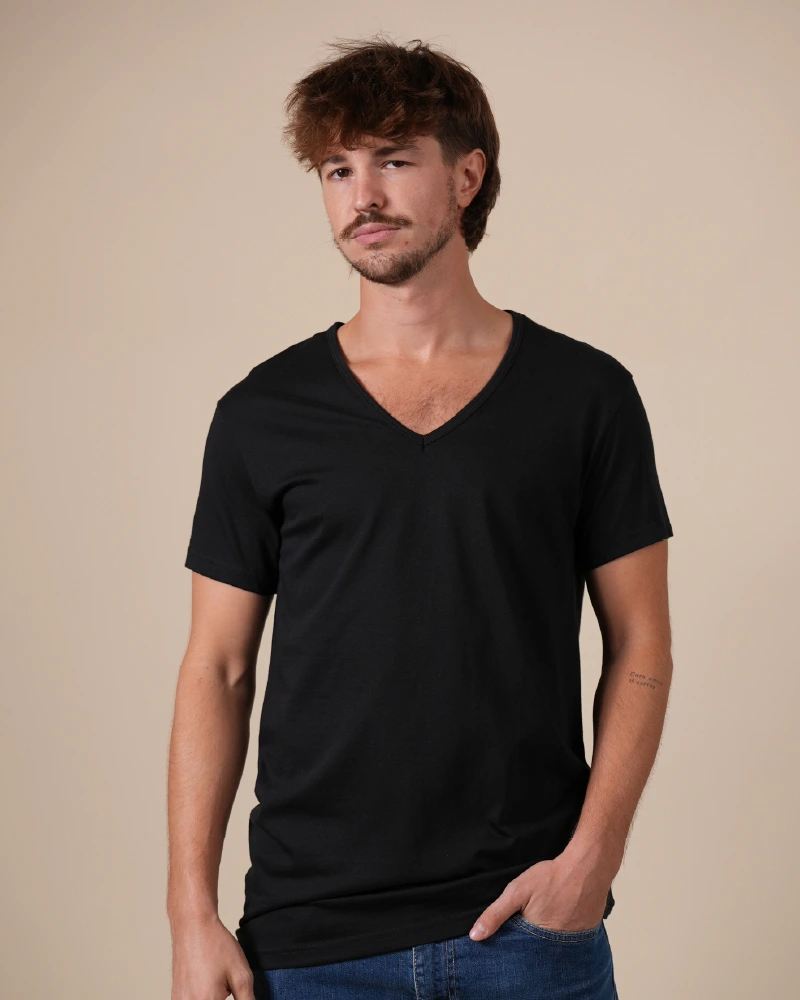 Alan Red Dean men's black short-sleeve V-neck T-shirt, front view worn by model.
