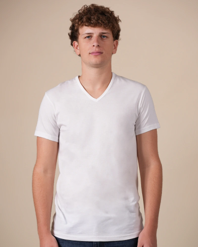 Alan Red Dean men's white short-sleeve V-neck T-shirt, front view worn by model.