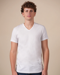 Alan Red Dean men's white short-sleeve V-neck T-shirt, front view worn by model.