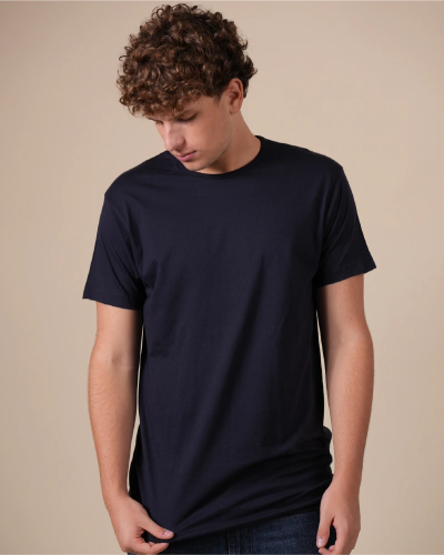 Alan Red Derby men's navy blue short-sleeve crew-neck T-shirt, front view worn by model.